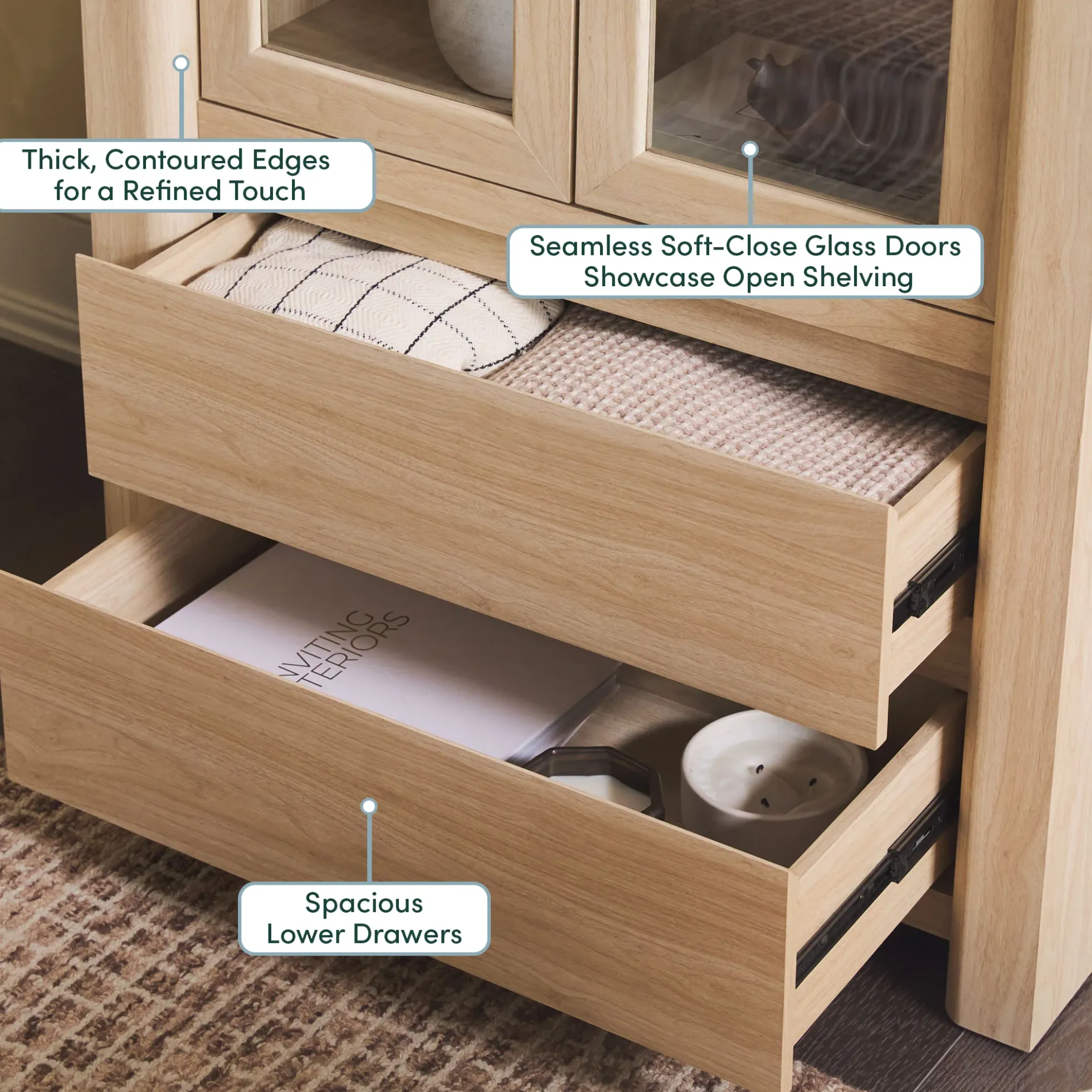 Amira Modern Wood Bookshelf with Glass Doors and Drawer Storage