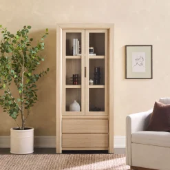 Amira Modern Wood Bookshelf with Glass Doors and Drawer Storage