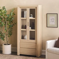 Amira Modern Wood Bookshelf with Glass Doors and Drawer Storage