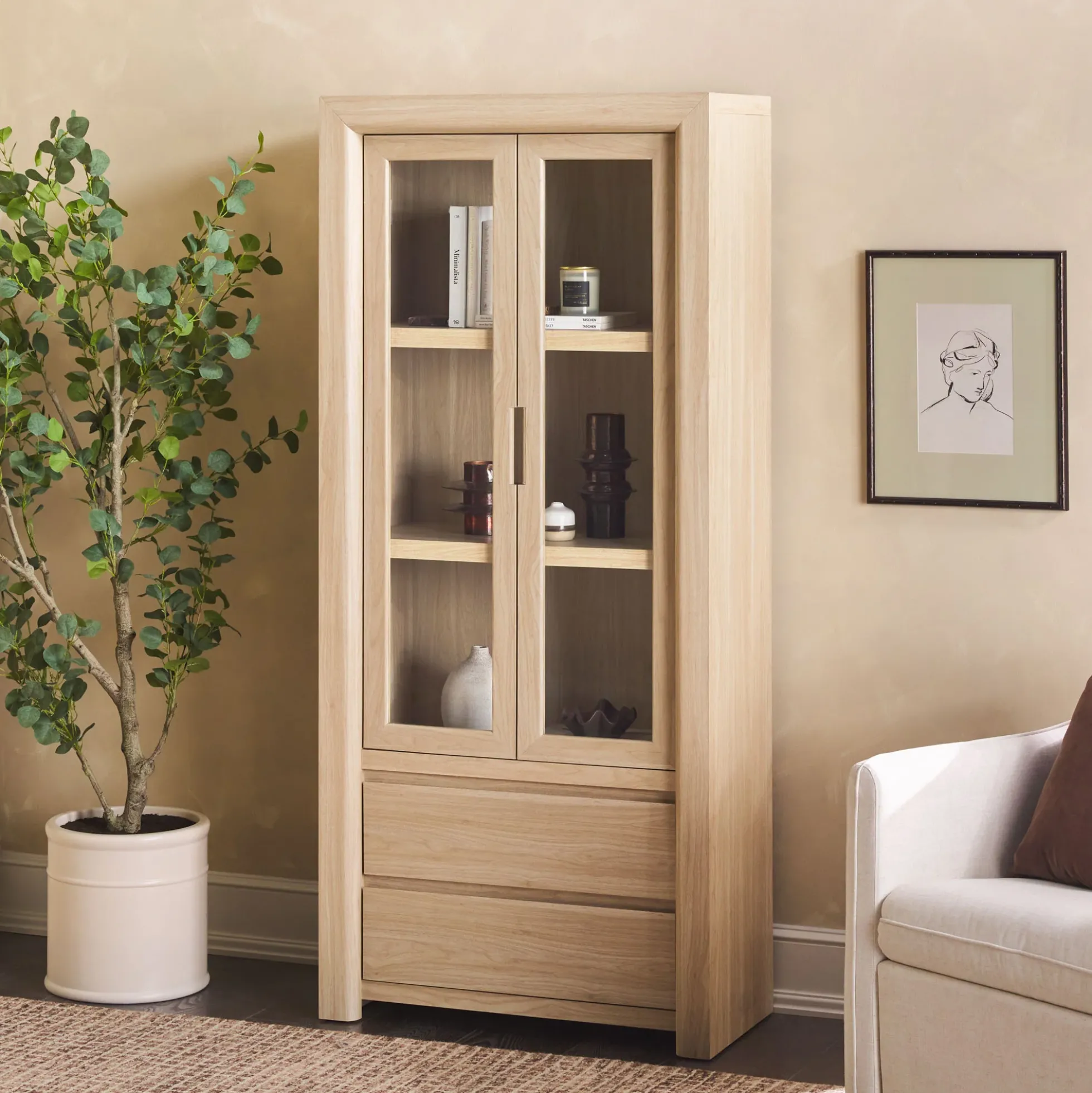 Amira Modern Wood Bookshelf with Glass Doors and Drawer Storage