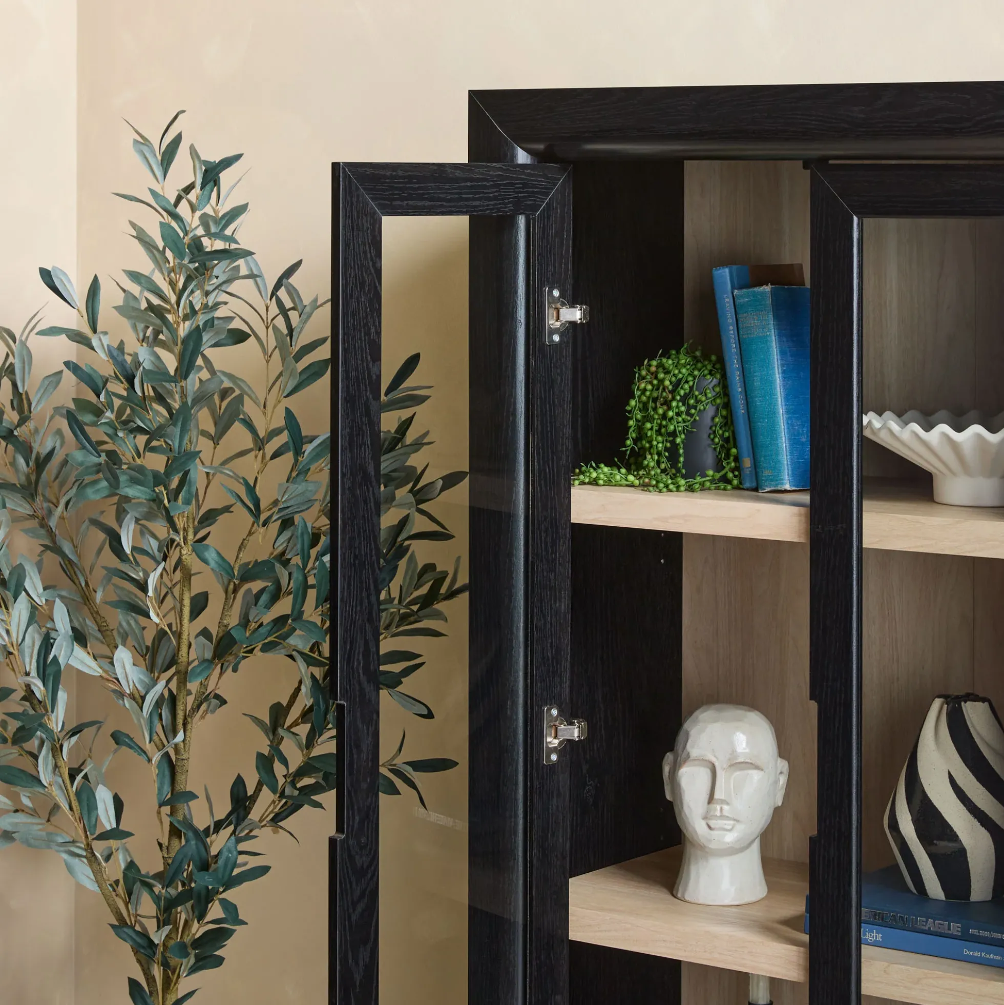 Amira Modern Wood Bookshelf with Glass Doors and Drawer Storage