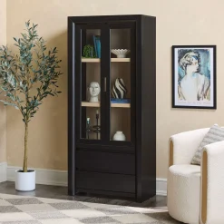 Amira Modern Wood Bookshelf with Glass Doors and Drawer Storage