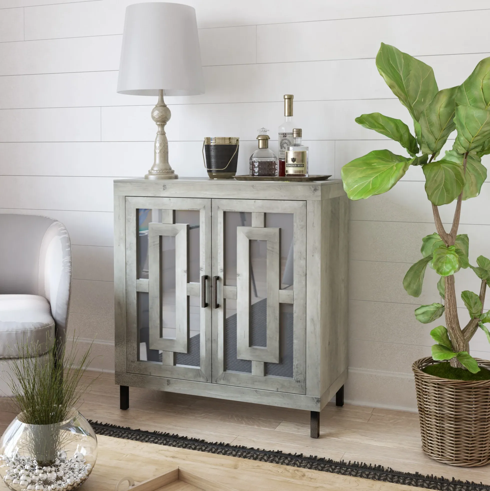 Antique Finish Mirrored Doors Entryway Accent Cabinet