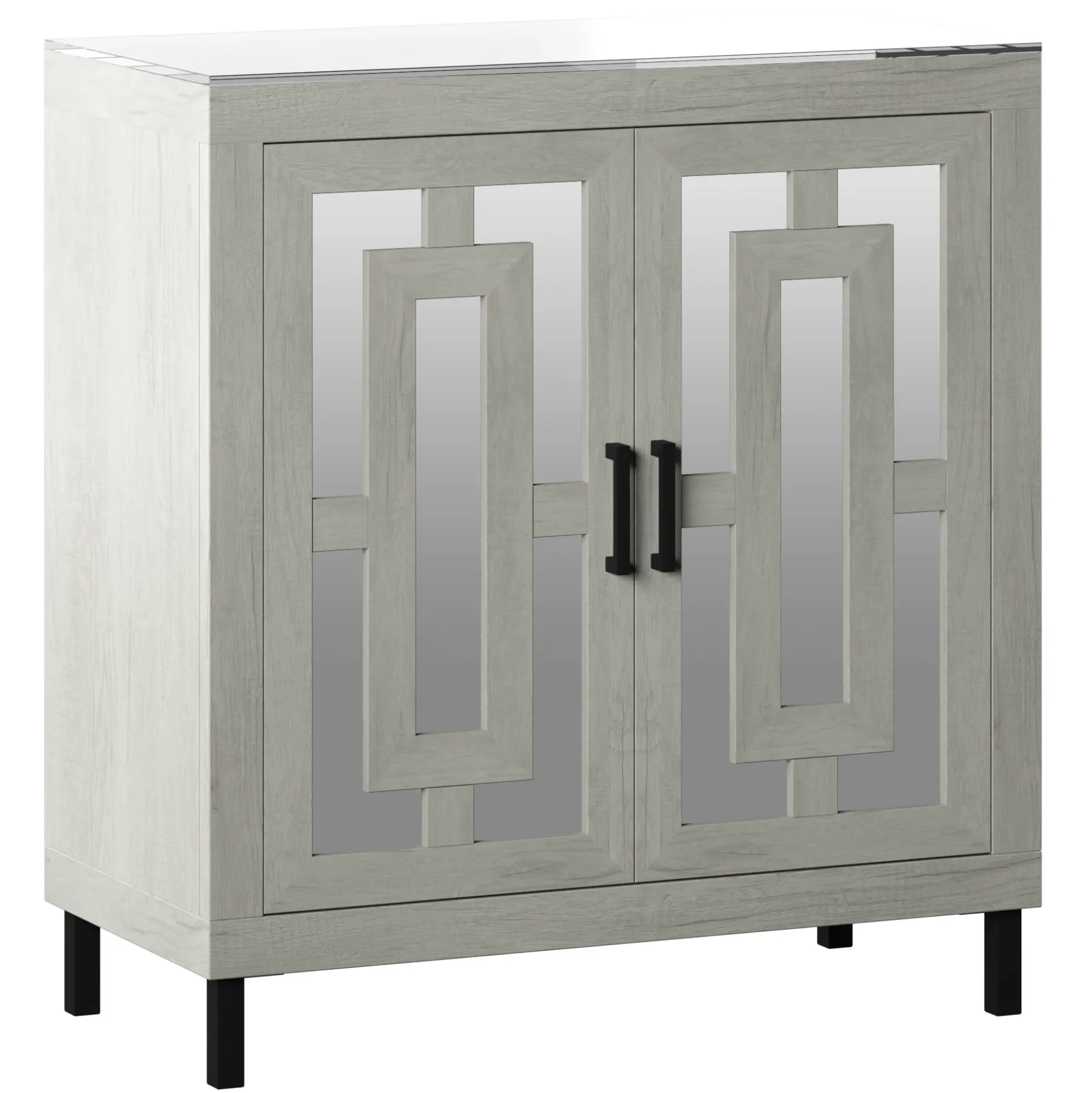 Antique Finish Mirrored Doors Entryway Accent Cabinet