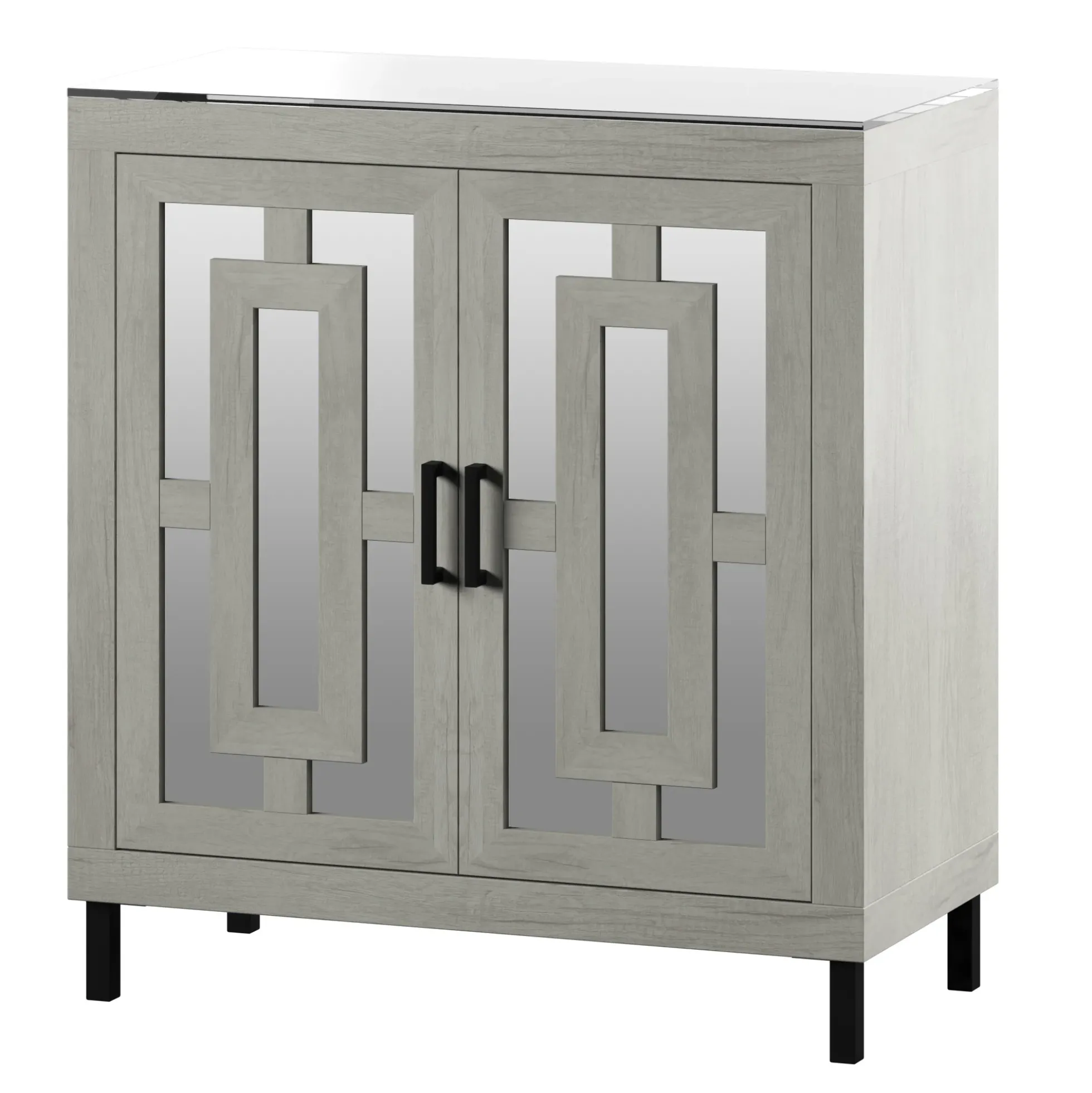Antique Finish Mirrored Doors Entryway Accent Cabinet