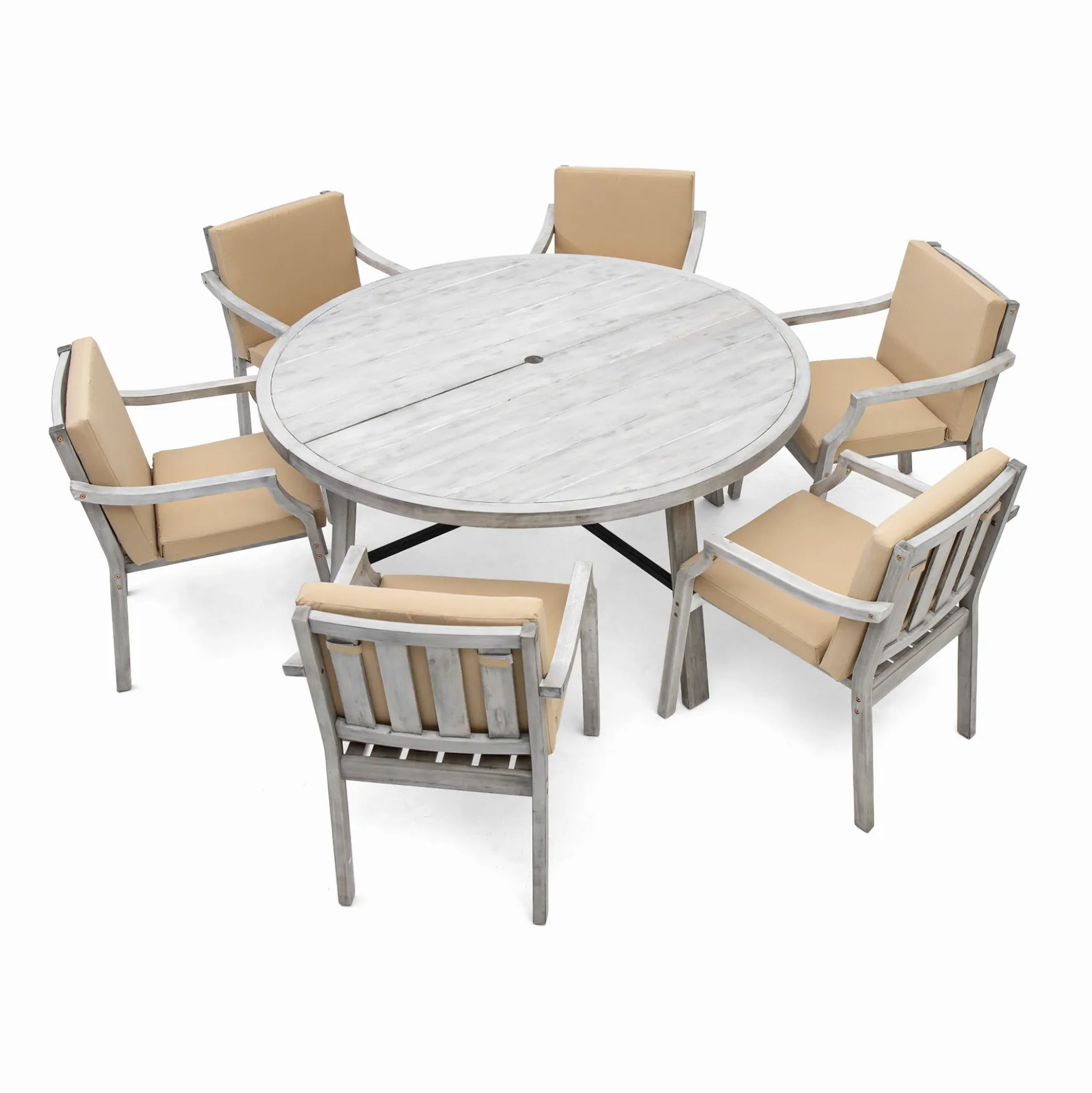 Antique Gray Acacia Wood Outdoor Dining Set 6-Person with Cushions
