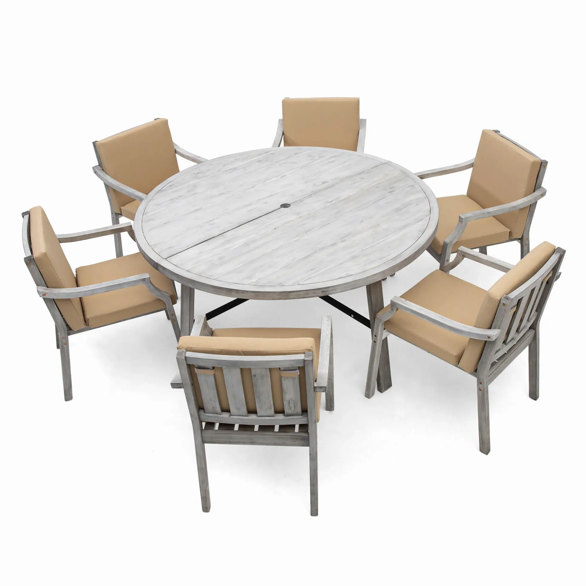 Antique Gray Acacia Wood Outdoor Dining Set 6-Person with Cushions