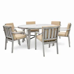Antique Gray Acacia Wood Outdoor Dining Set 6-Person with Cushions