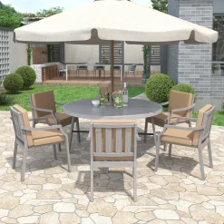 Antique Gray Acacia Wood Outdoor Dining Set 6-Person with Cushions