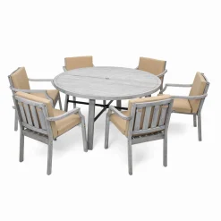 Antique Gray Acacia Wood Outdoor Dining Set 6-Person with Cushions
