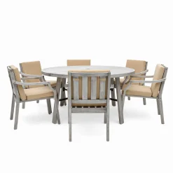 Antique Gray Acacia Wood Outdoor Dining Set 6-Person with Cushions