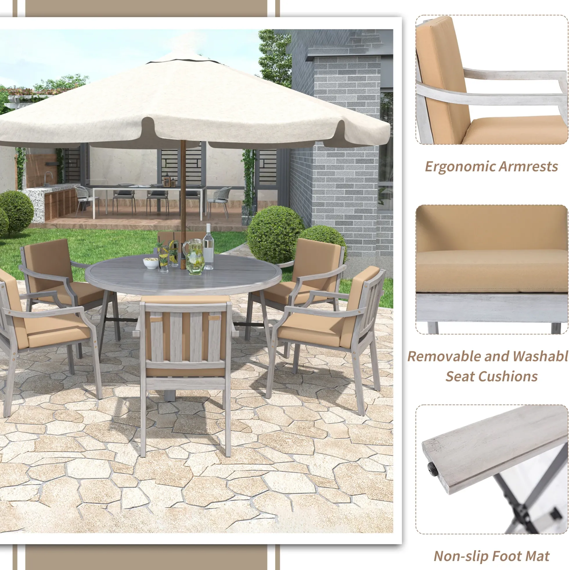 Antique Gray Acacia Wood Outdoor Dining Set 6-Person with Cushions