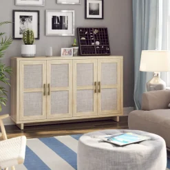 Boho Coastal Linen Design Buffet Sideboard with Shelving Storage