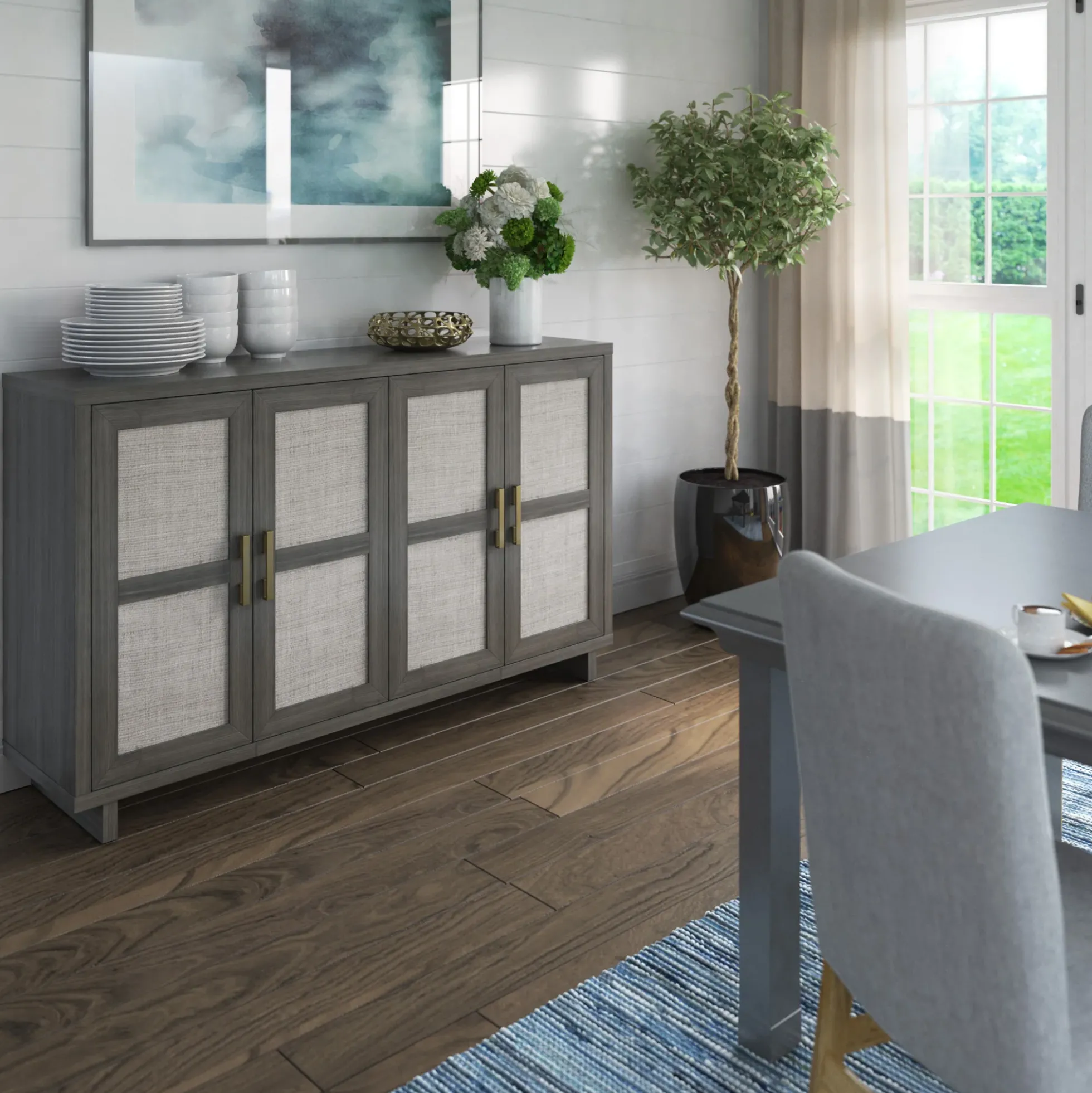 Boho Coastal Linen Design Buffet Sideboard with Shelving Storage