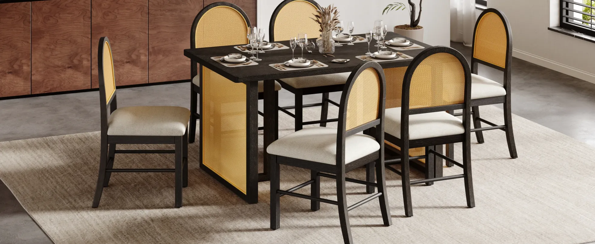 Boho Rattan 7-Piece Farmhouse Dining Table Set for 6