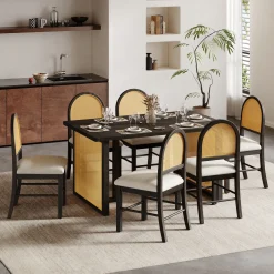 Boho Rattan 7-Piece Farmhouse Dining Table Set for 6