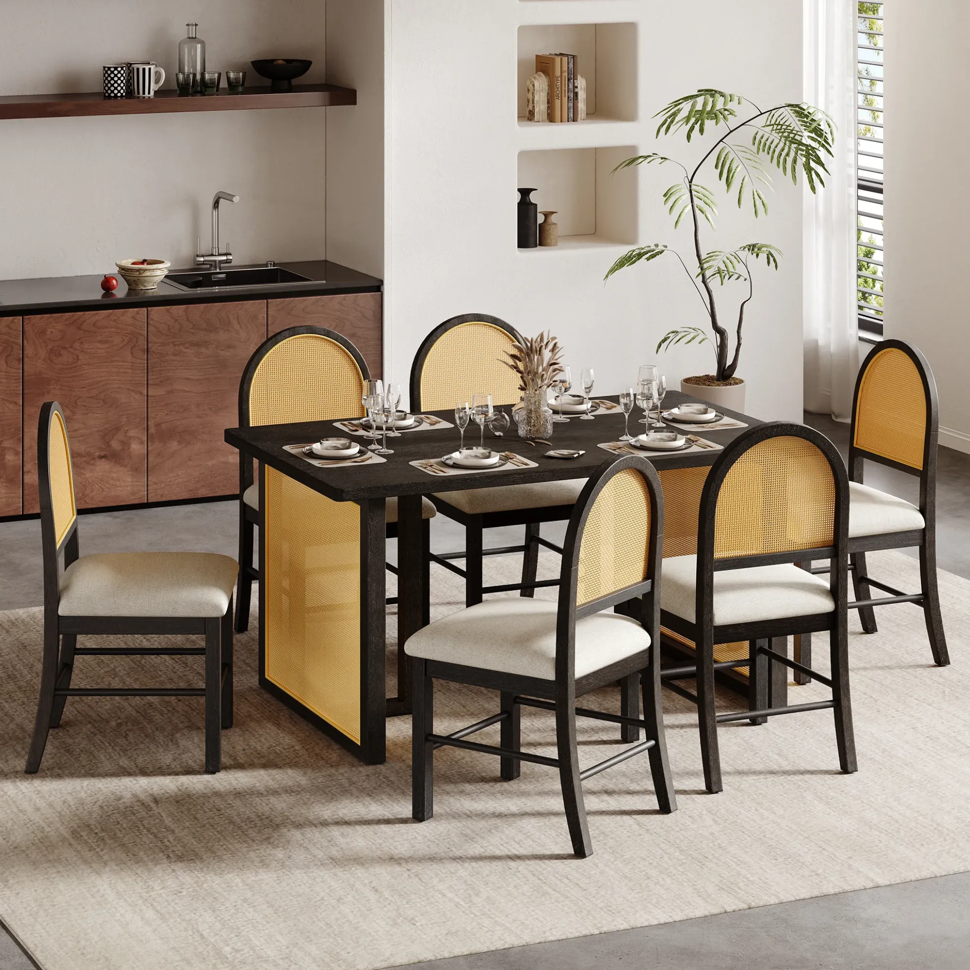 Boho Rattan 7-Piece Farmhouse Dining Table Set for 6