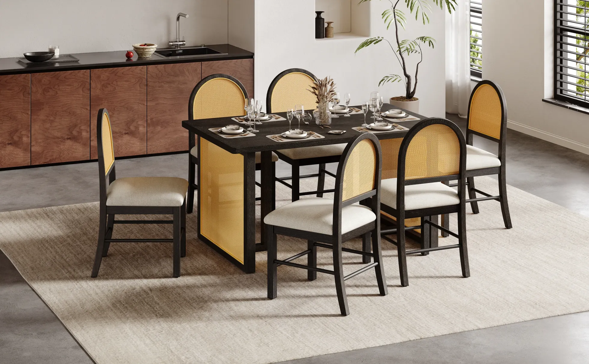 Boho Rattan 7-Piece Farmhouse Dining Table Set for 6