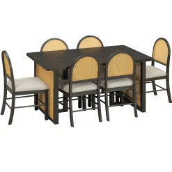 Boho Rattan 7-Piece Farmhouse Dining Table Set for 6