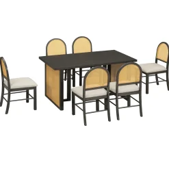Boho Rattan 7-Piece Farmhouse Dining Table Set for 6