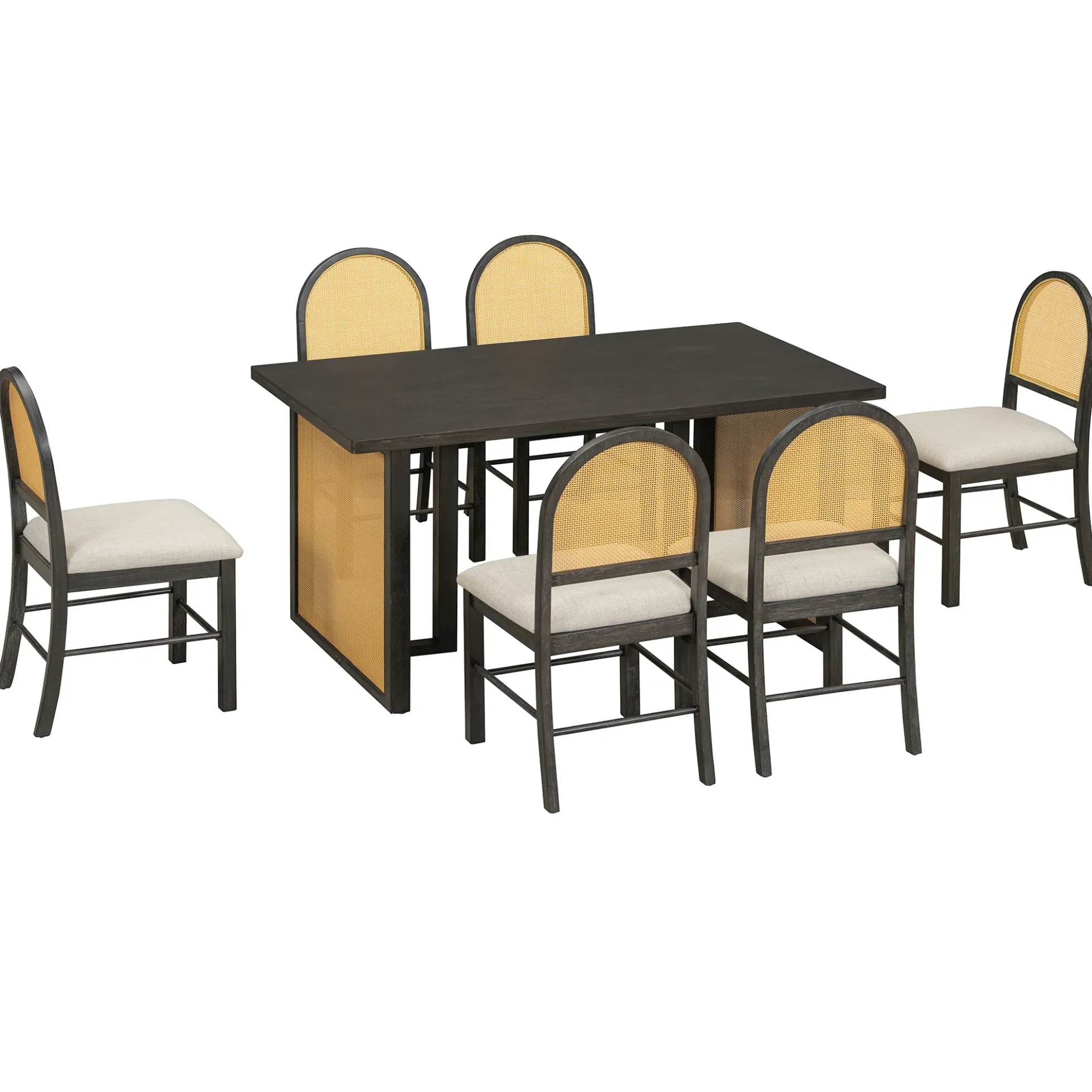 Boho Rattan 7-Piece Farmhouse Dining Table Set for 6