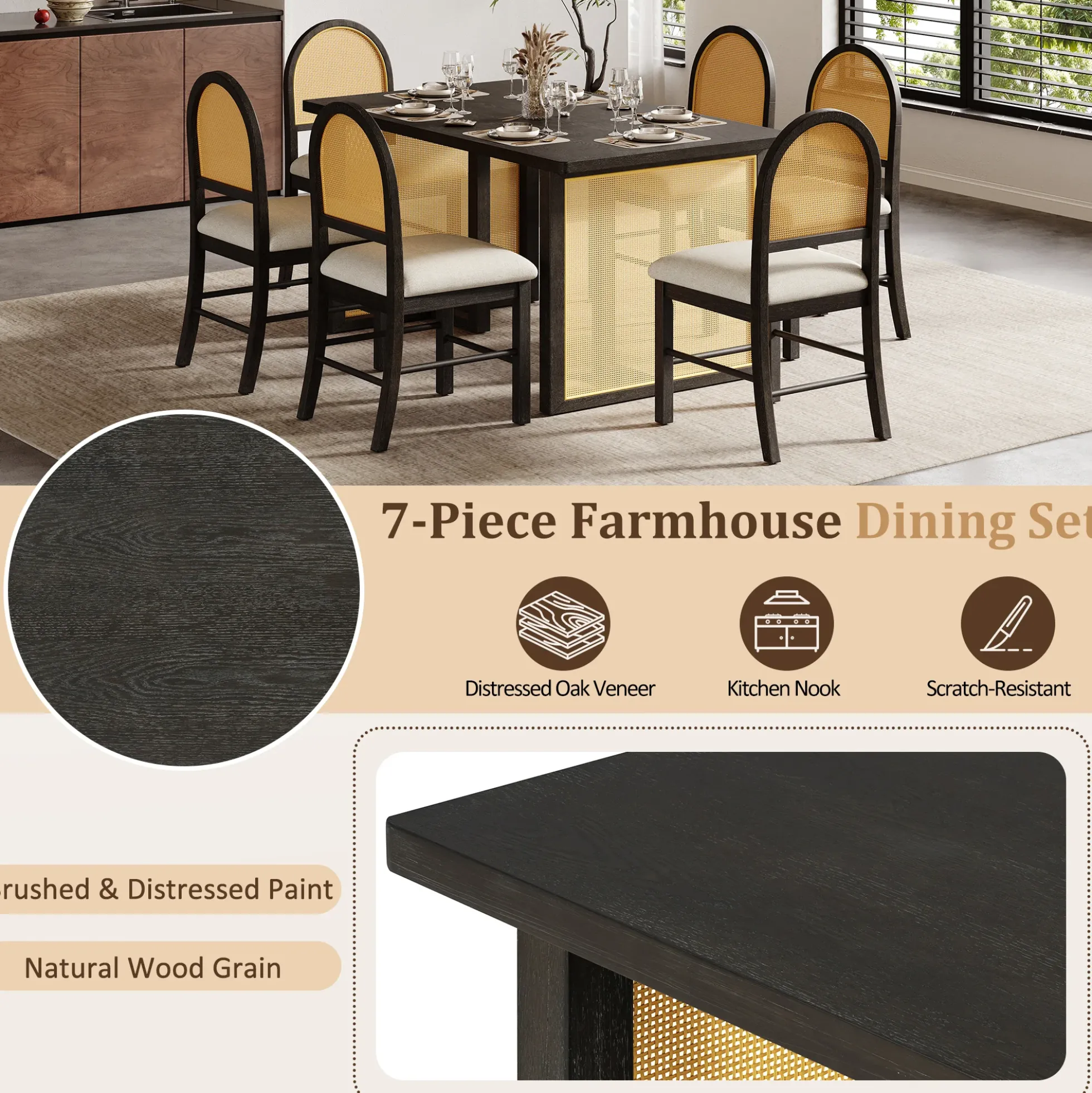 Boho Rattan 7-Piece Farmhouse Dining Table Set for 6