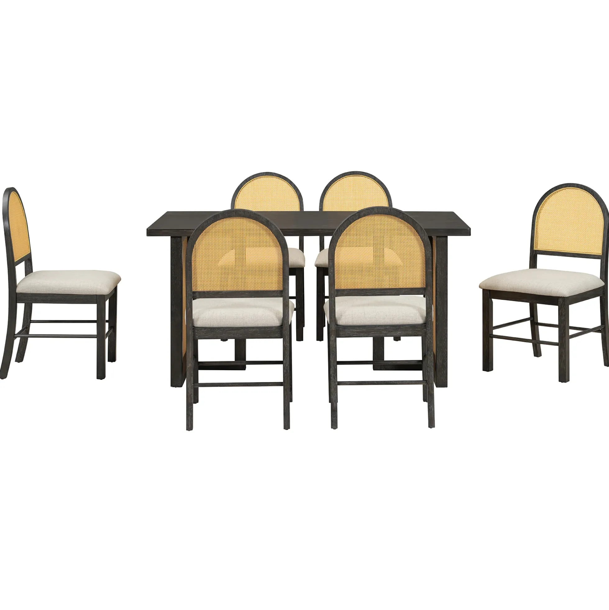 Boho Rattan 7-Piece Farmhouse Dining Table Set for 6