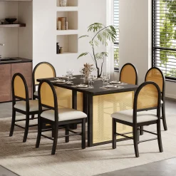 Boho Rattan 7-Piece Farmhouse Dining Table Set for 6