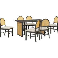 Boho Rattan 7-Piece Farmhouse Dining Table Set for 6