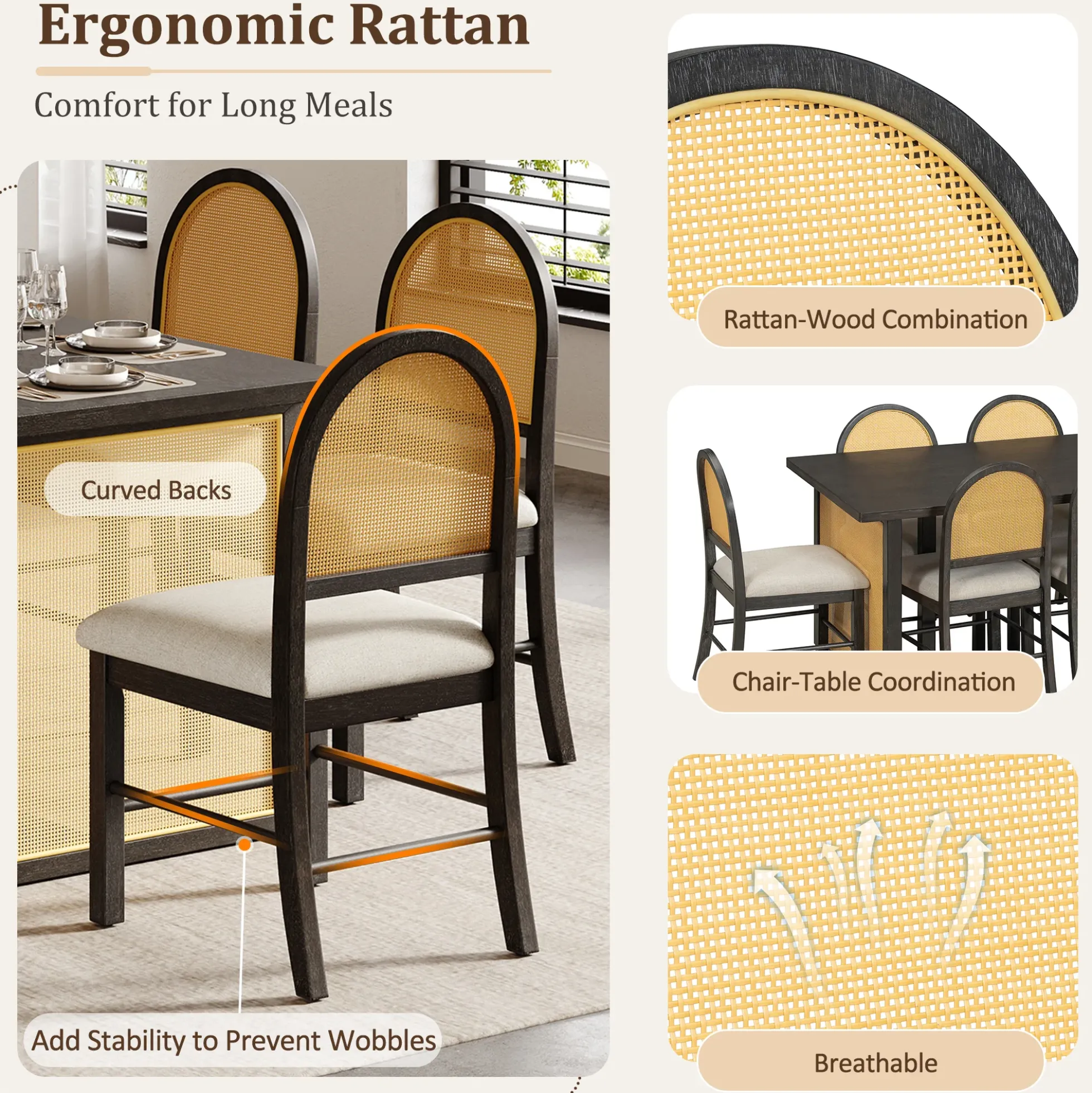 Boho Rattan 7-Piece Farmhouse Dining Table Set for 6