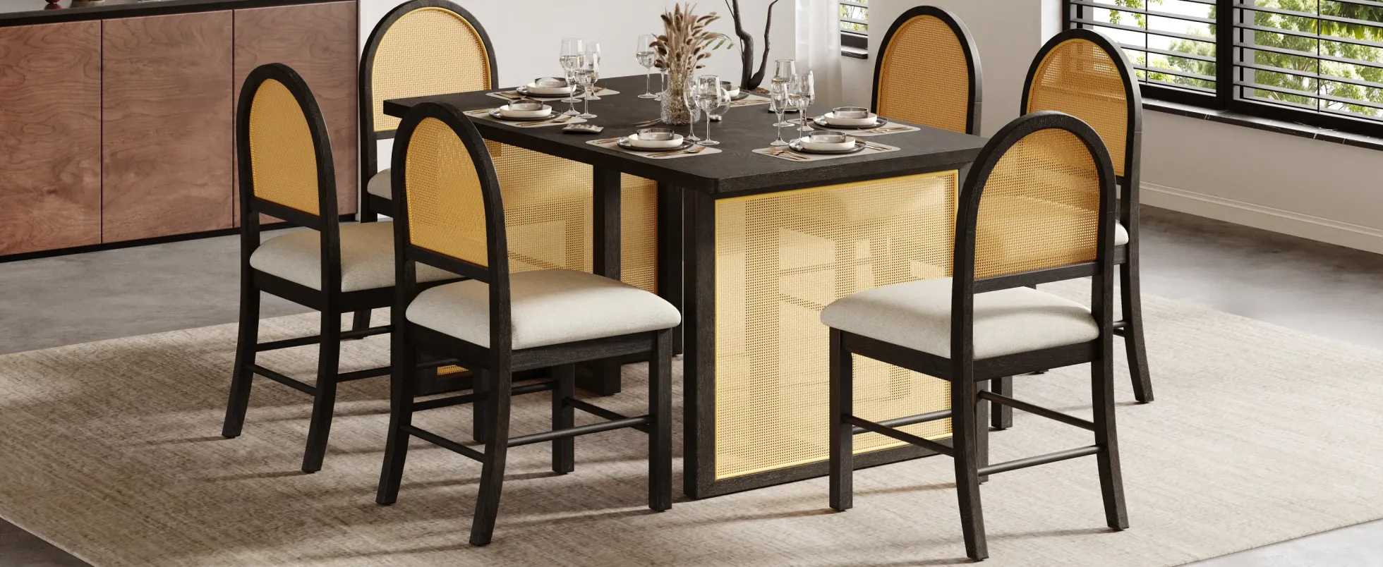 Boho Rattan 7-Piece Farmhouse Dining Table Set for 6