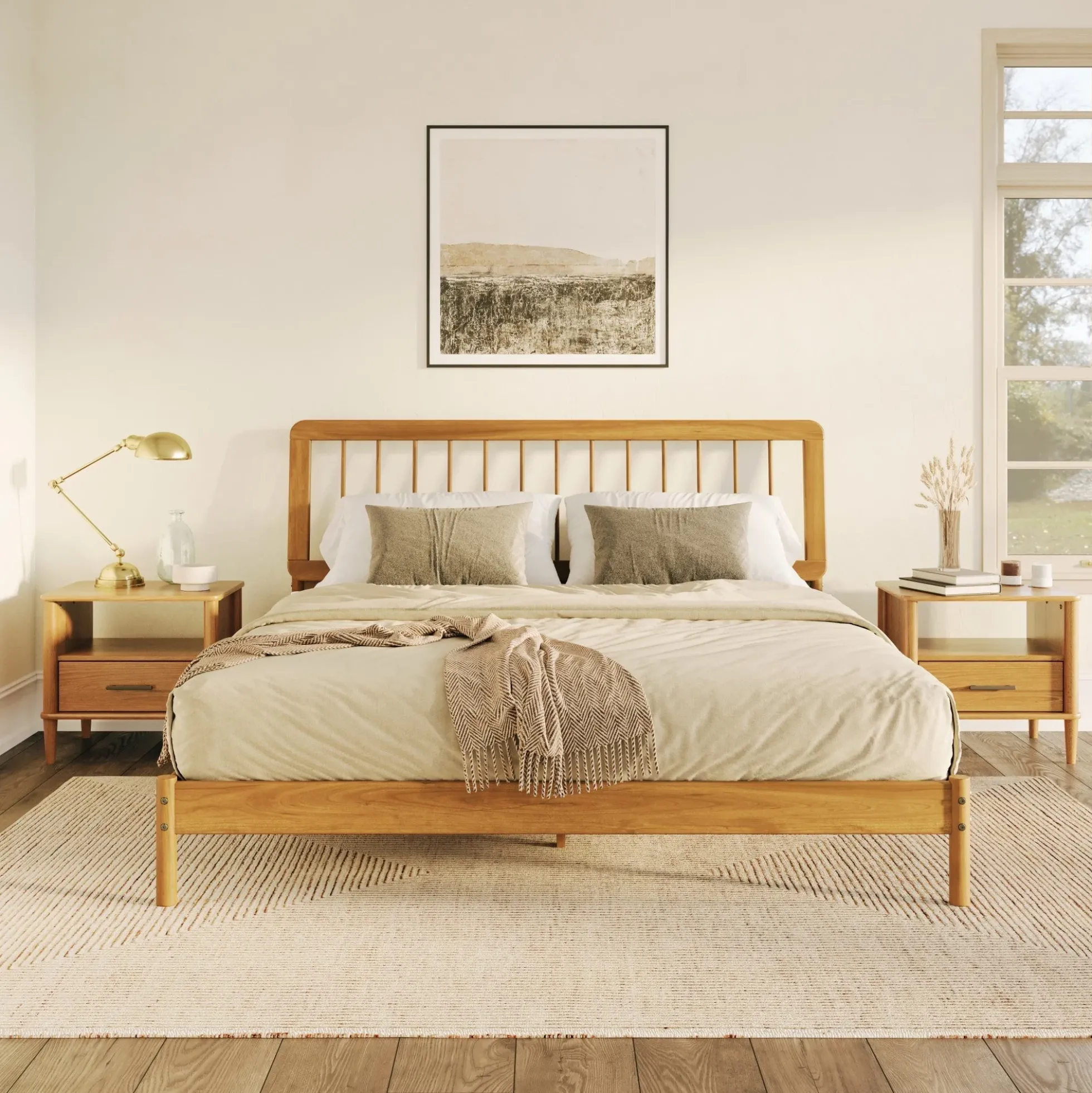 Cama Mid-Century Modern Solid Wood Spindle Bedframe