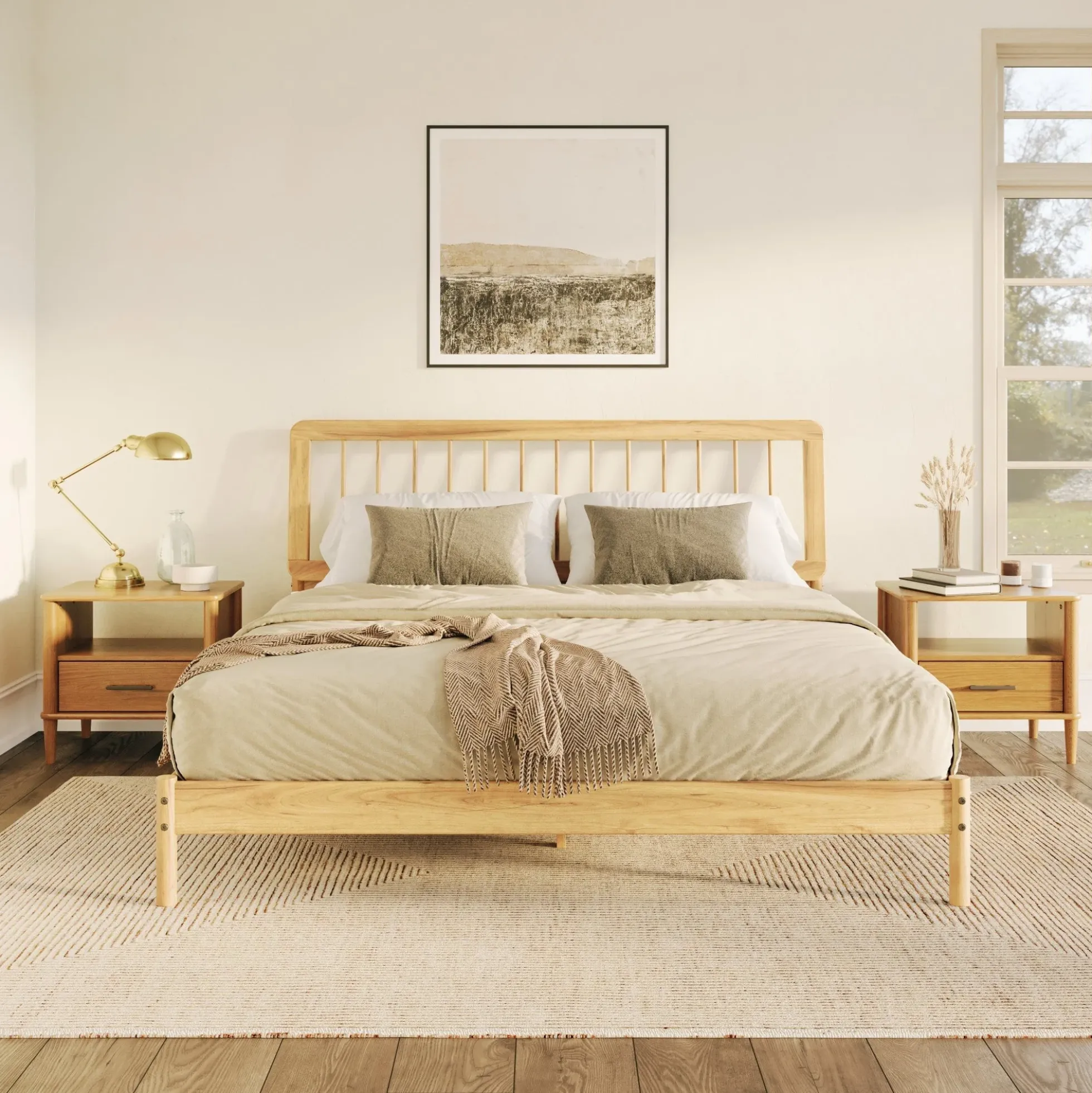 Cama Mid-Century Modern Solid Wood Spindle Bedframe