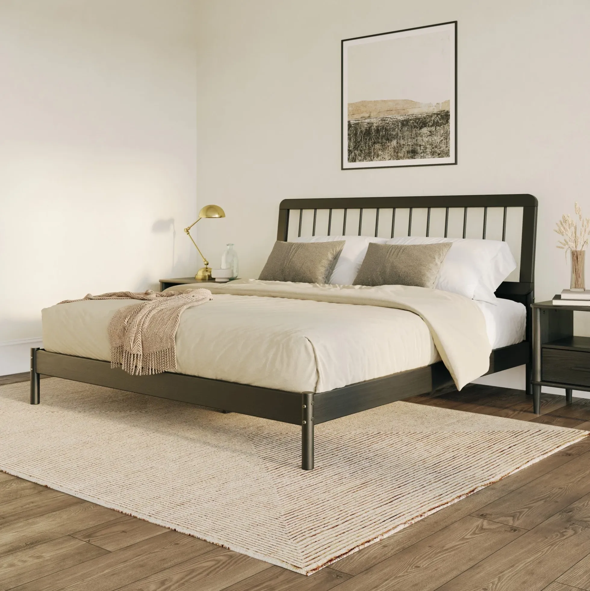 Cama Mid-Century Modern Solid Wood Spindle Bedframe