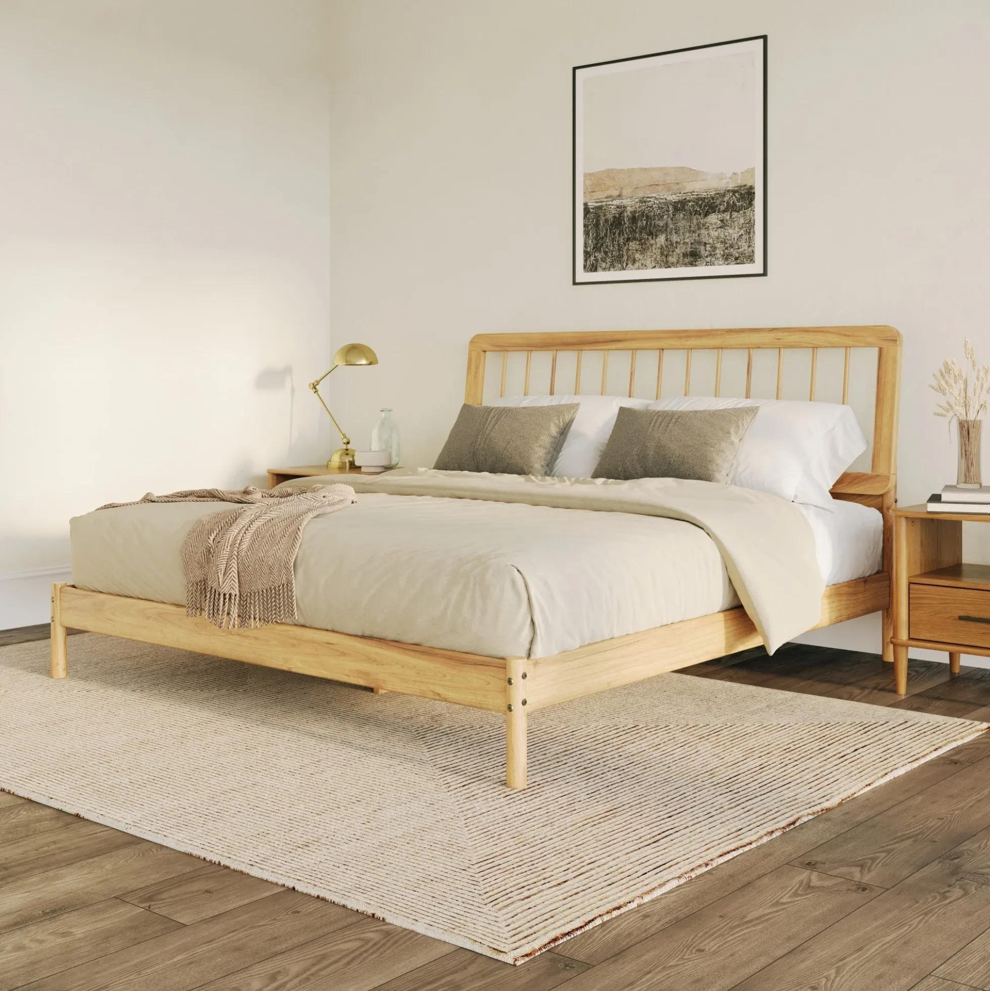 Cama Mid-Century Modern Solid Wood Spindle Bedframe