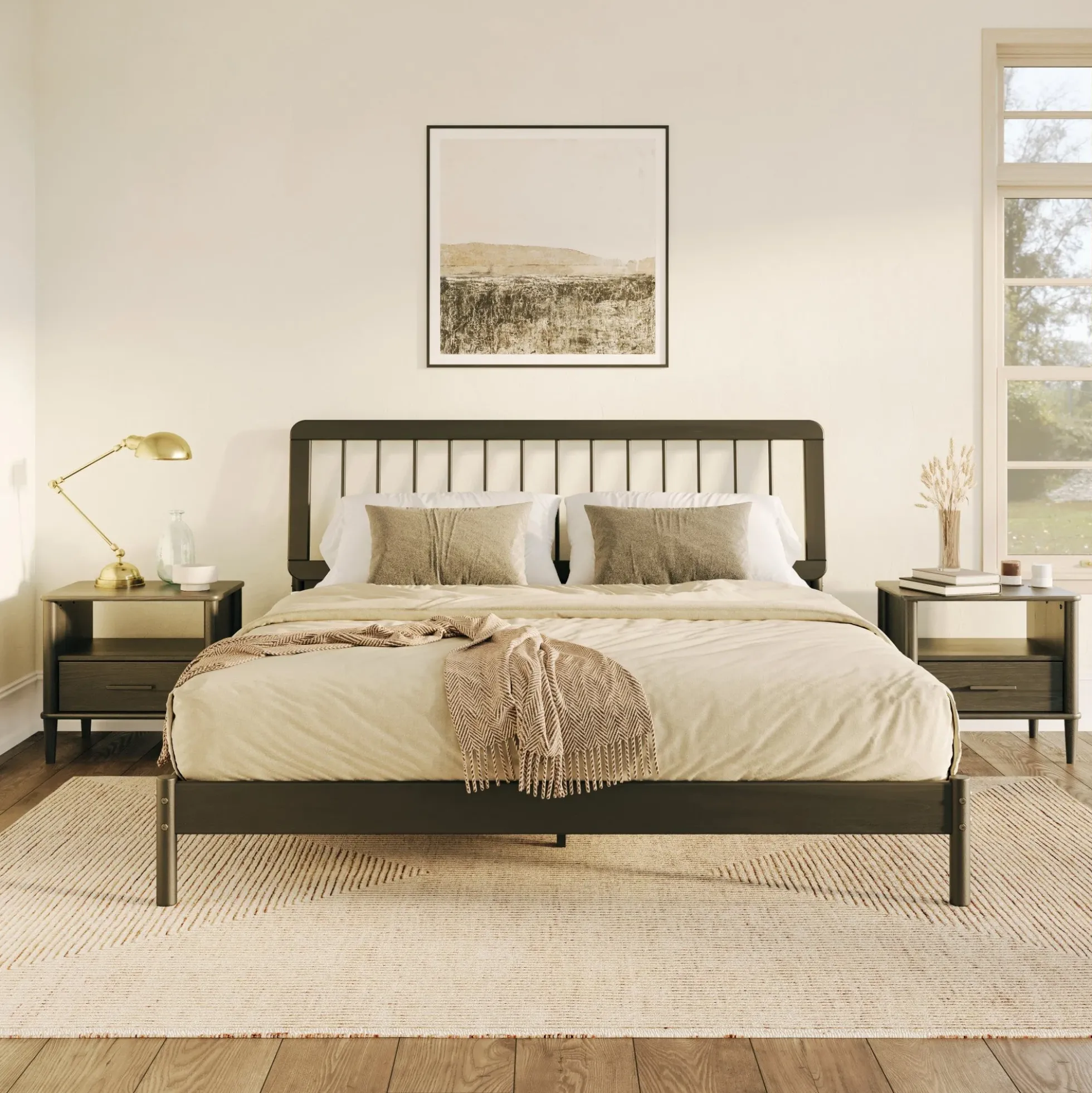 Cama Mid-Century Modern Solid Wood Spindle Bedframe