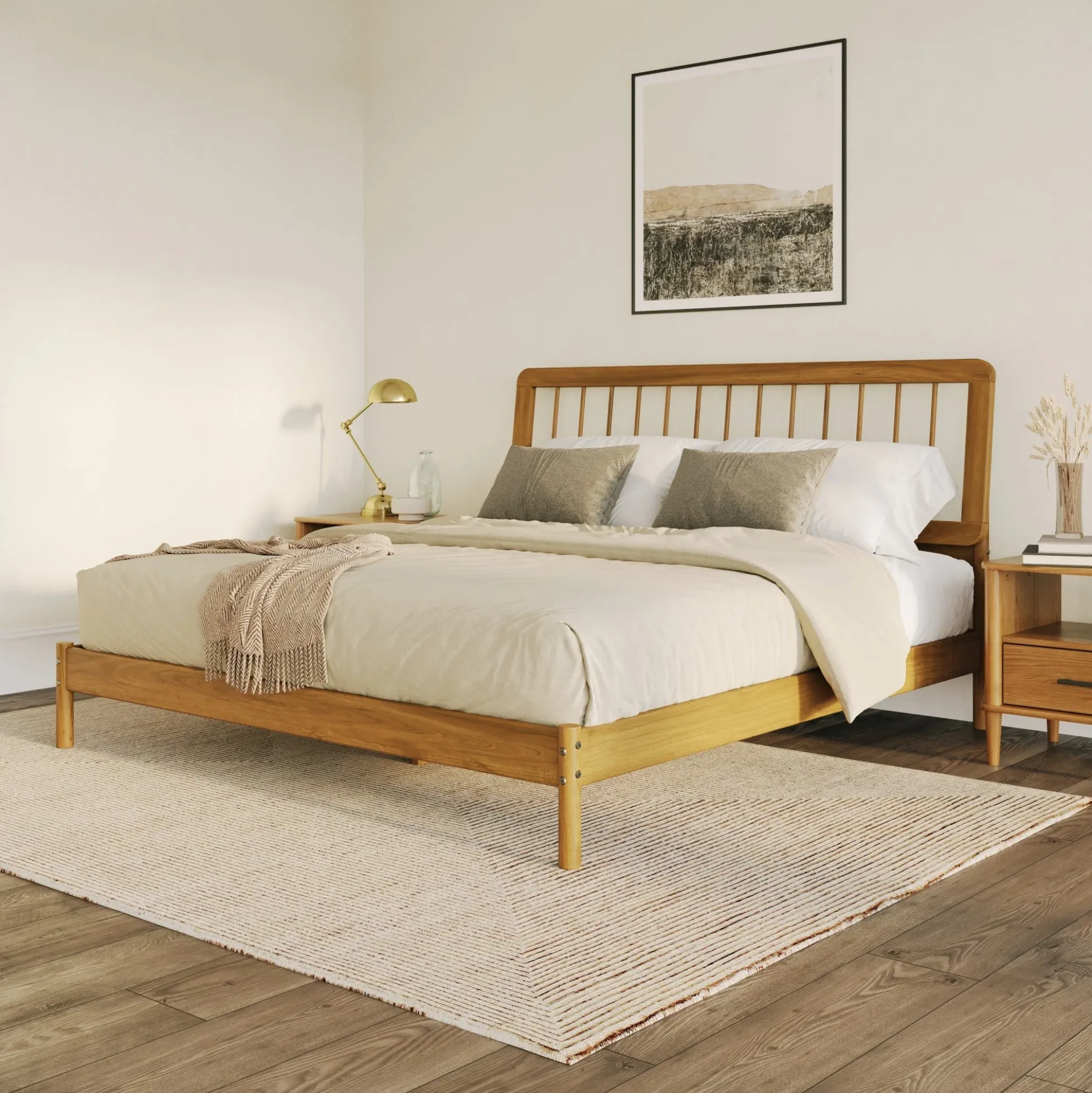 Cama Mid-Century Modern Solid Wood Spindle Bedframe