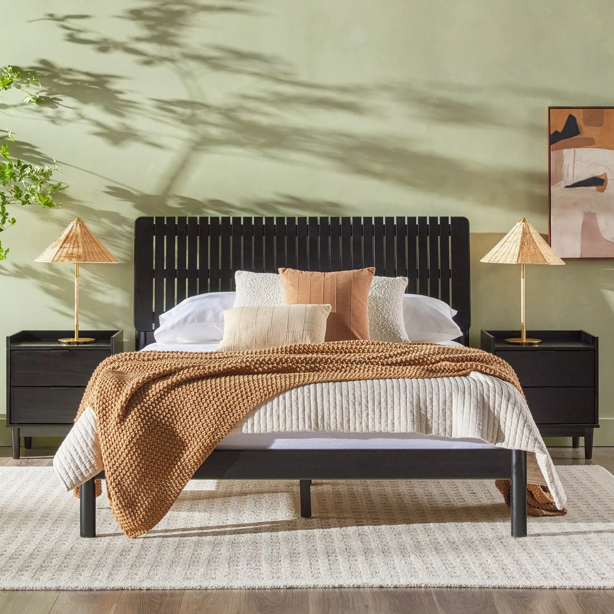Cama Slatted Headboard Mid-Century Modern Solid Wood Bed