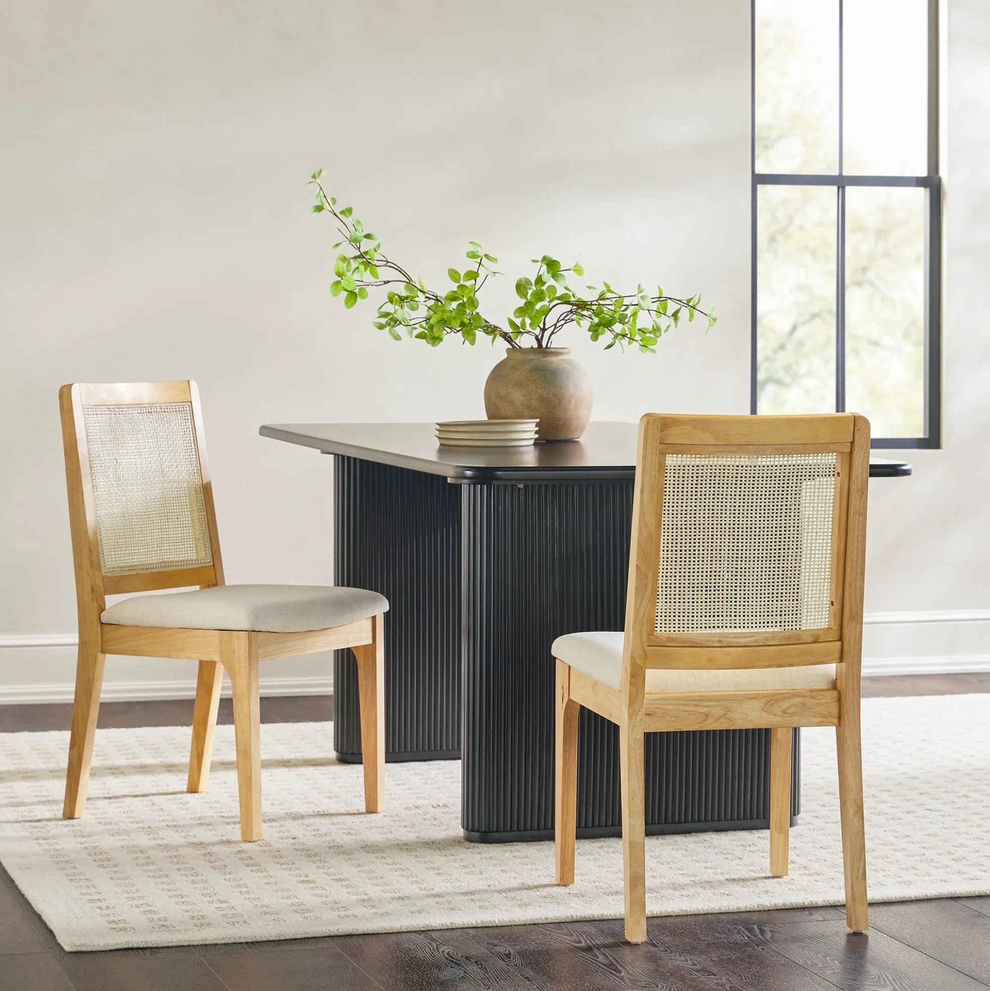 Catalina Solid Wood Dining Chair with Rattan Inset Back, Set of 2