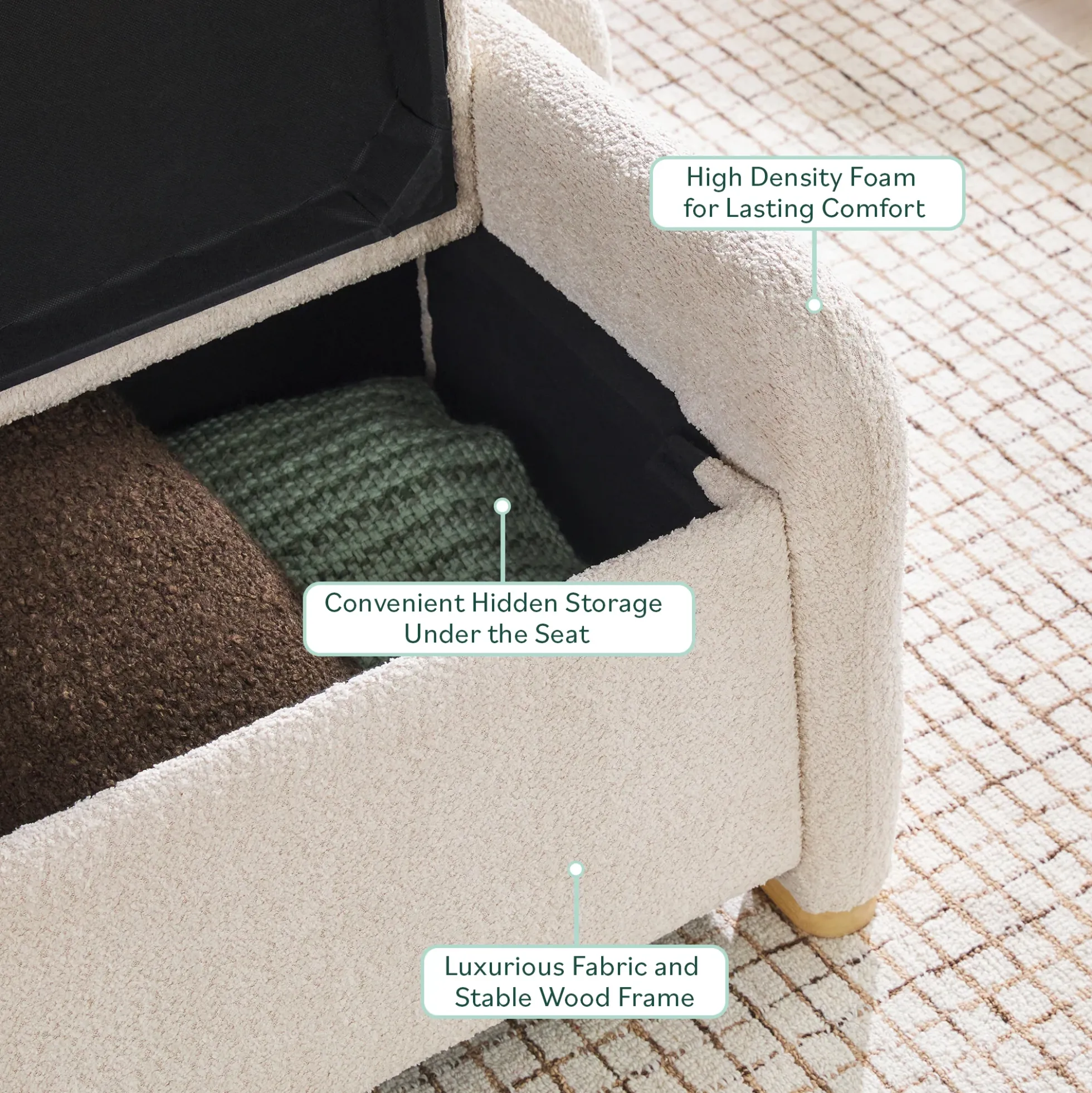 Chantelle Modern Curve Boucle Upholstered Bench with Storage
