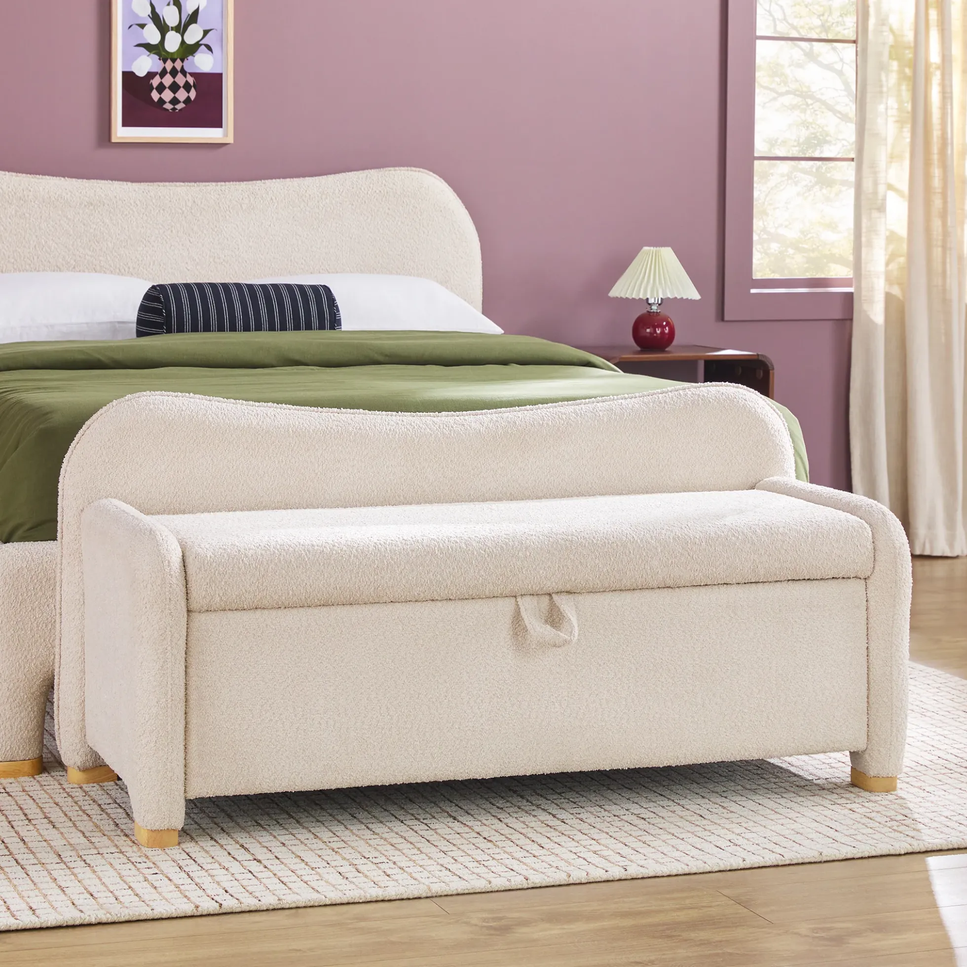 Chantelle Modern Curve Boucle Upholstered Bench with Storage