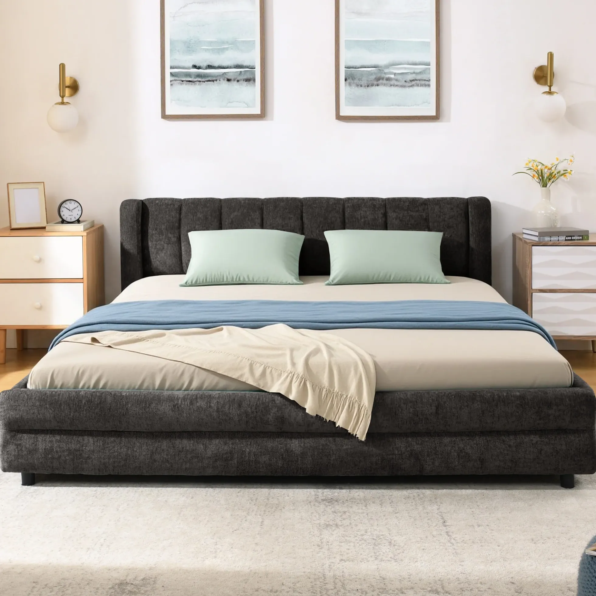 Chenille Upholstered Queen Size Upholstered Bedframe with Drawers