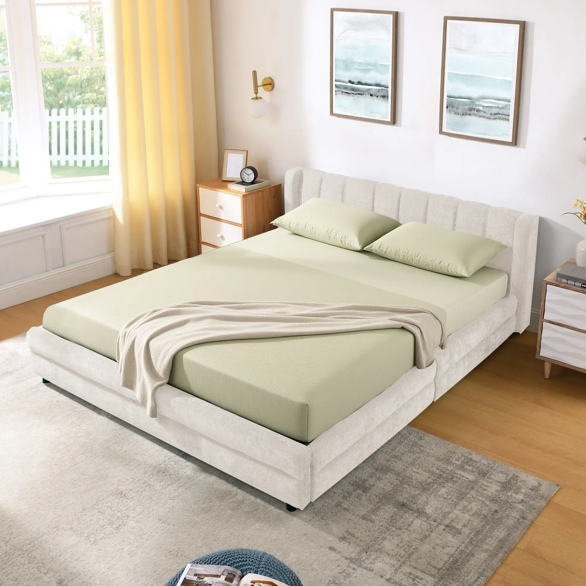Chenille Upholstered Queen Size Upholstered Bedframe with Drawers