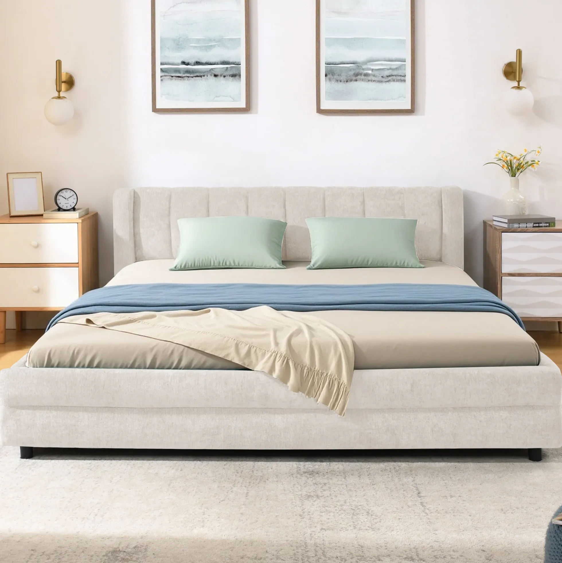 Chenille Upholstered Queen Size Upholstered Bedframe with Drawers