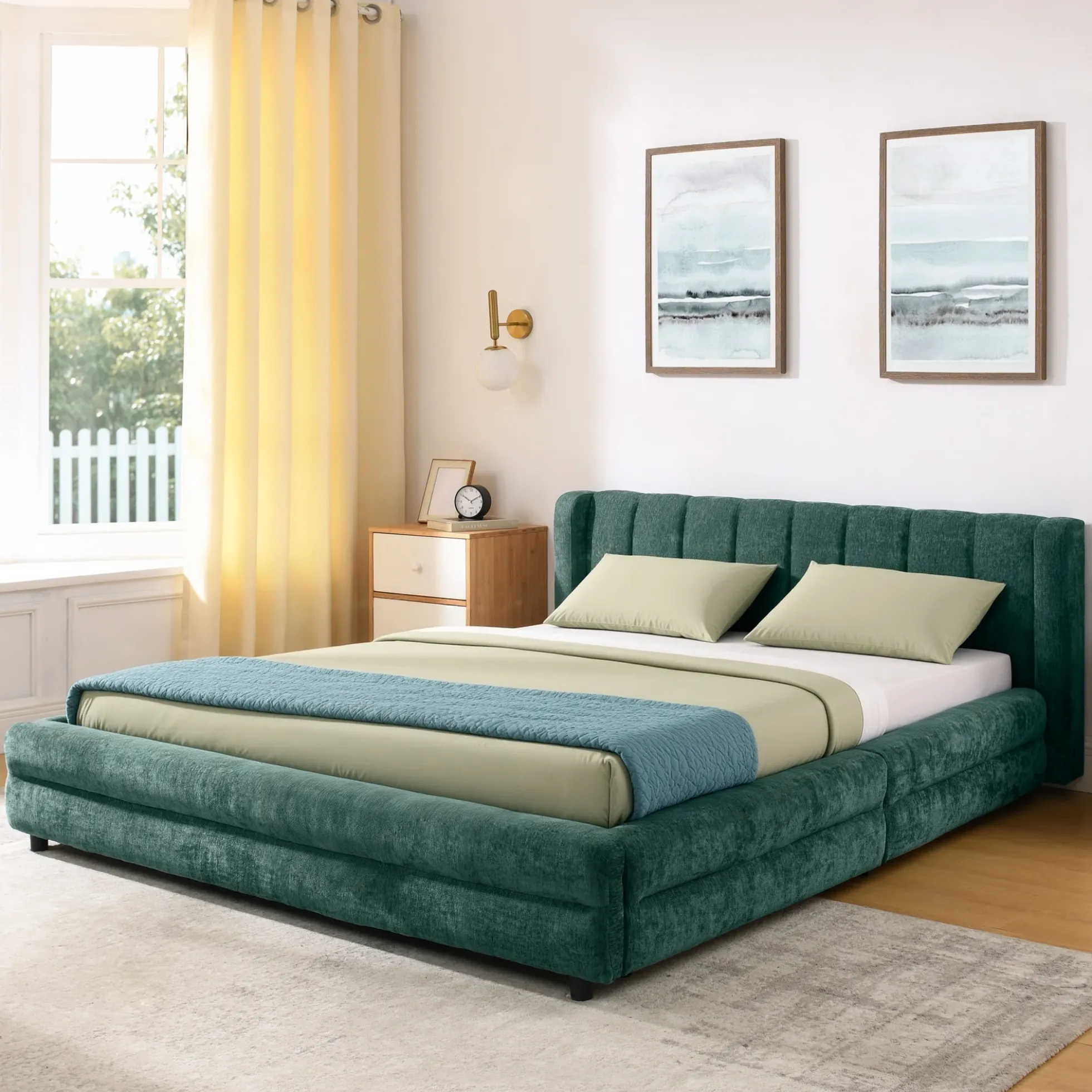 Chenille Upholstered Queen Size Upholstered Bedframe with Drawers