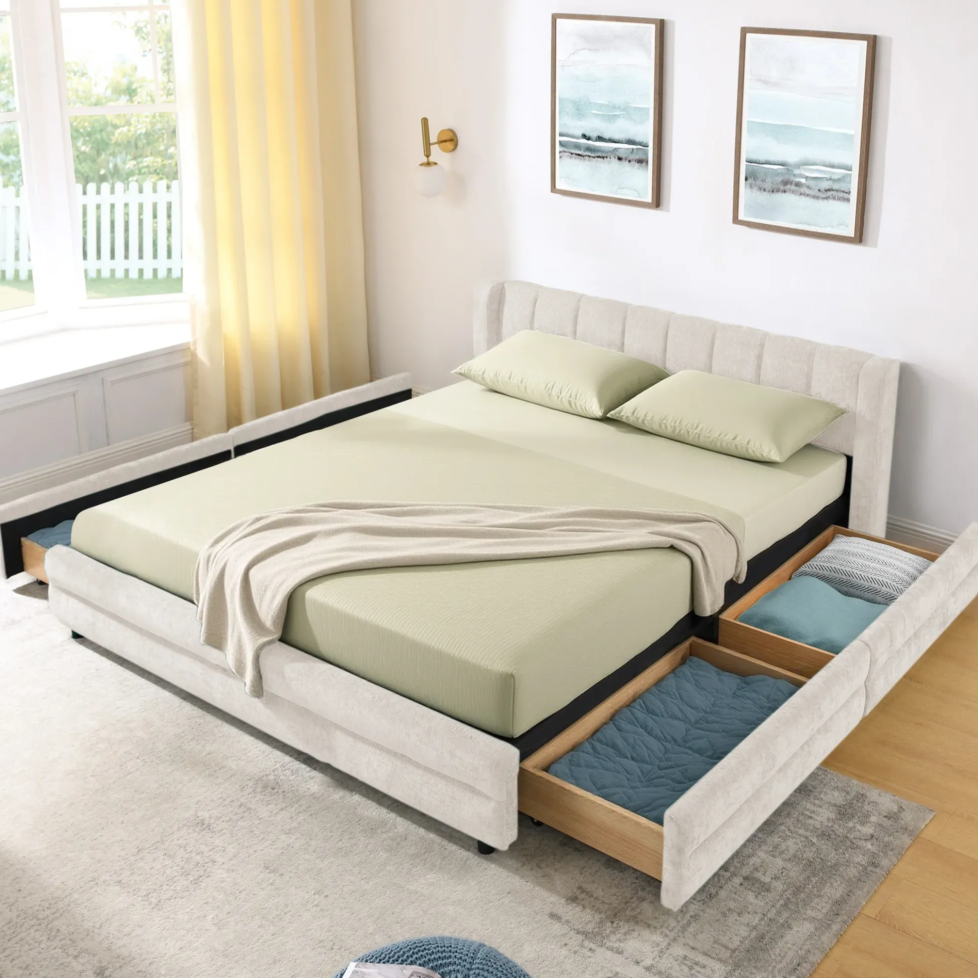 Chenille Upholstered Queen Size Upholstered Bedframe with Drawers