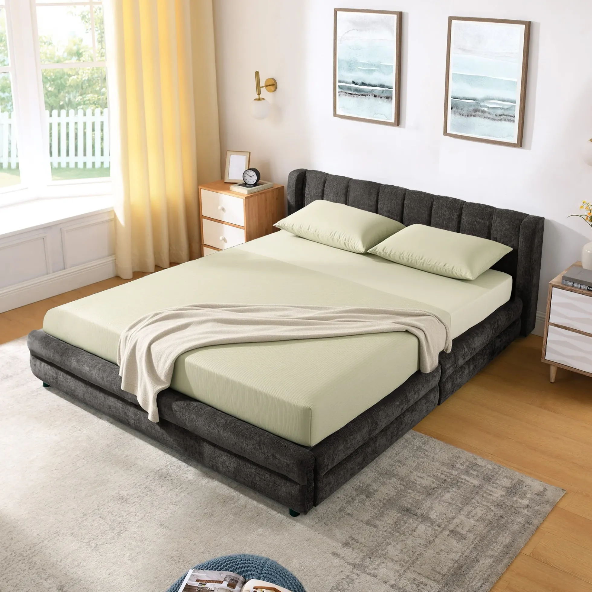 Chenille Upholstered Queen Size Upholstered Bedframe with Drawers