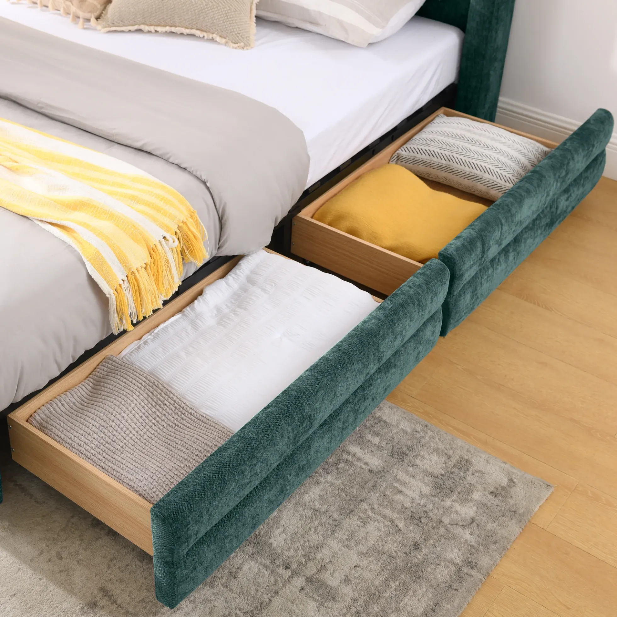 Chenille Upholstered Queen Size Upholstered Bedframe with Drawers