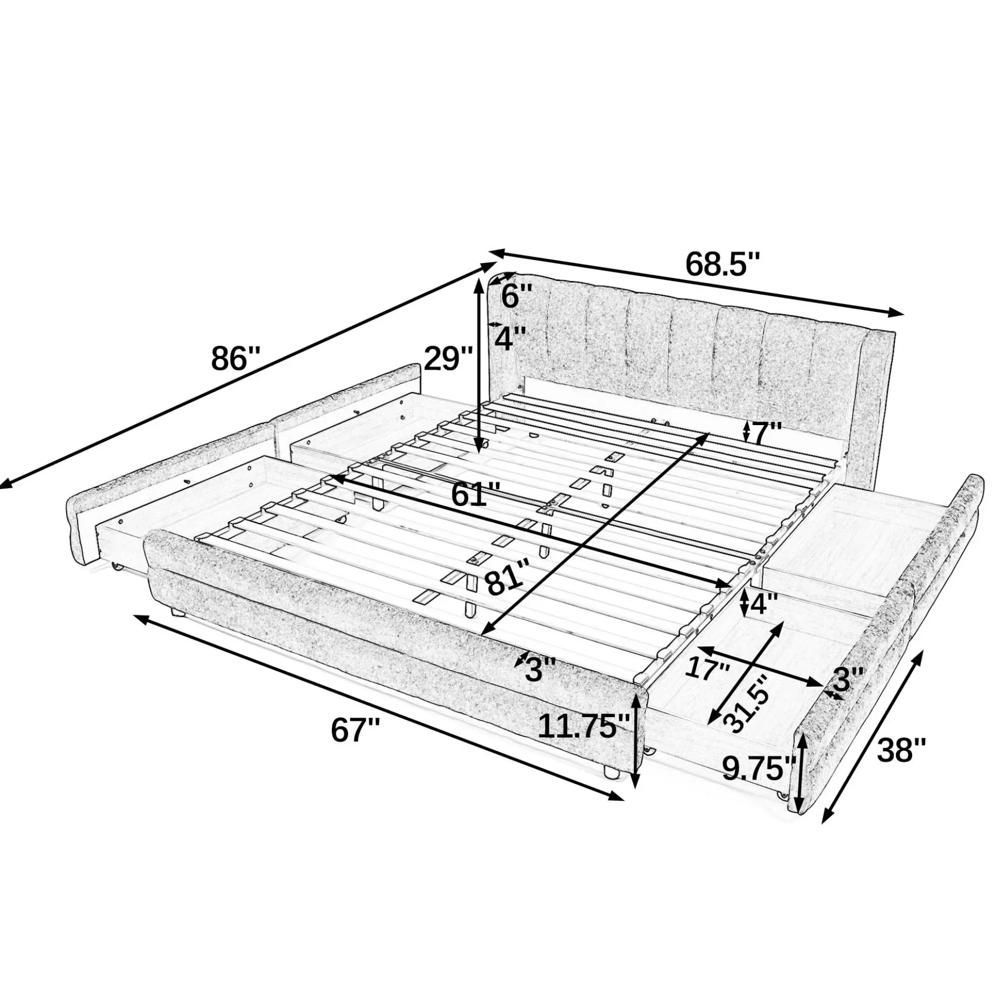 Chenille Upholstered Queen Size Upholstered Bedframe with Drawers