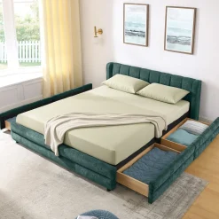 Chenille Upholstered Queen Size Upholstered Bedframe with Drawers